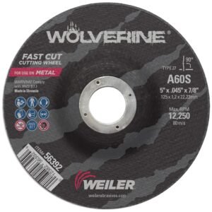Weiler 56392 Wolverine 7/8" Arbor, 0.045" Thickness, 5" Diameter, A60V Grit, Type 27 Thin Cutting Wheel