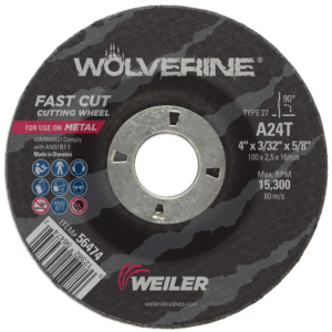 56474 Wolverine Type 27 Cutting Wheel is a 4" x 3/32" wheel with A24T specs and a 5/8" A.H. arbor, built for fast, precise cuts on ferrous metals. It delivers consistent performance with clean edges, reduced burrs, and long wheel life for metal fabrication, maintenance, and welding shops. Optimized Type 27 profile ensures stable cuts and smooth finishes across a variety of steels. Compatible with standard 4" grinders for quick setup and reliable versatility. Ideal for cutting mild steel, stainless, and alloys with minimal chatter and heat buildup. Characteristic 1: Ultra-fast cutting & clean finish — designed for rapid material removal on ferrous metals, reducing cycle times while maintaining a smooth edge. ⚡✂️ Characteristic 2: Durable, low burrs & heat management — engineered to minimize burr formation and heat buildup, preserving workpiece integrity and cutting quality. 🔧🔥 Characteristic 3: Easy setup & broad compatibility — fits standard grinders with a 5/8" arbor and Type 27 profile for versatile cutting across ferrous metals. 🛠️🔗 Shop now to secure fast shipping and trusted cutting results. SEO keywords: 56474, Wolverine Type 27, 4" x 3/32", A24T, 5/8" A.H. arbor.