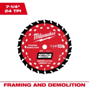 Milwaukee Nitrus 7.25" Framing Blade | 7-1/4” 24T NITRUS™ Carbide Framing & Demolition Circular Saw Blade 4.9 out of 5 stars, average rating value. Read 271 Reviews. Same page link. 4.9 (271) | 48-40-0750