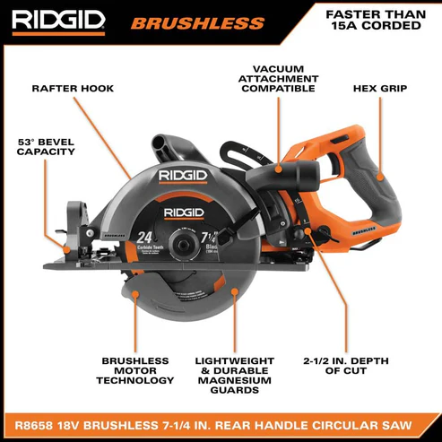18V Brushless Cordless 7-1/4 in. Rear Handle Circular Saw (Tool Only) – RIDGID - Image 2