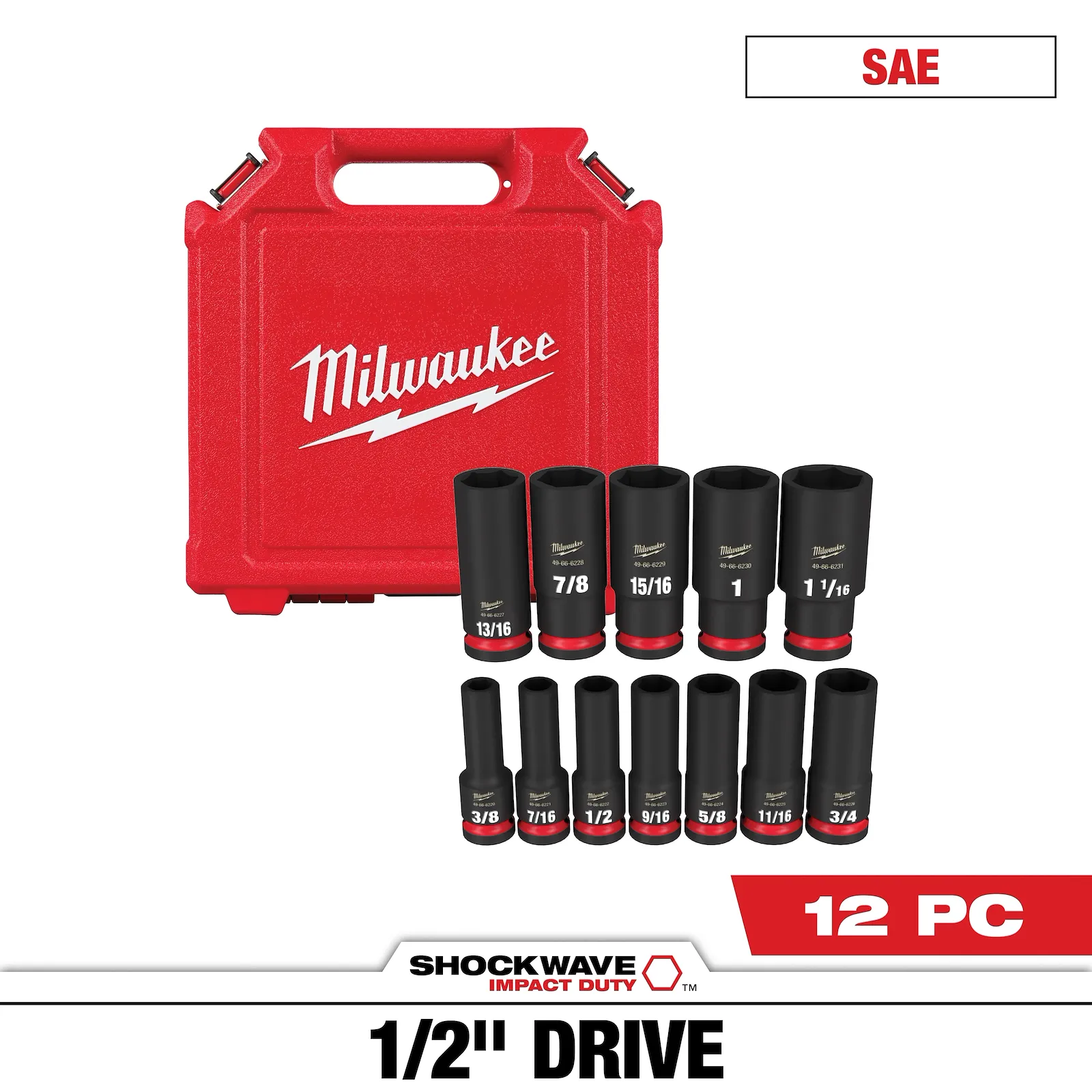 Milwaukee 49-66-7011 Shockwave 1/2 Inch Drive SAE Deep Well Impact Socket Set (12-Piece)