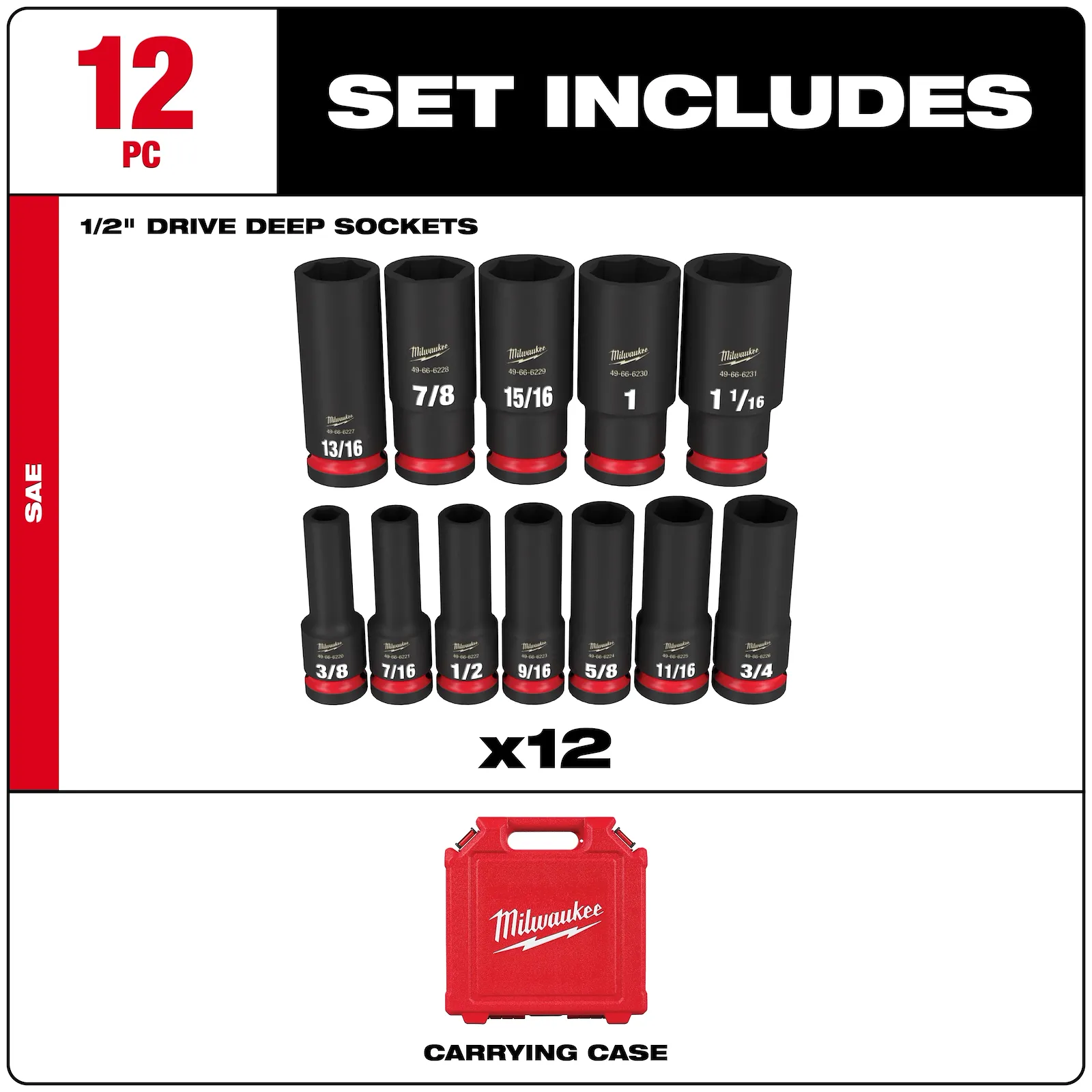 Milwaukee 49-66-7011 Shockwave 1/2 Inch Drive SAE Deep Well Impact Socket Set (12-Piece)